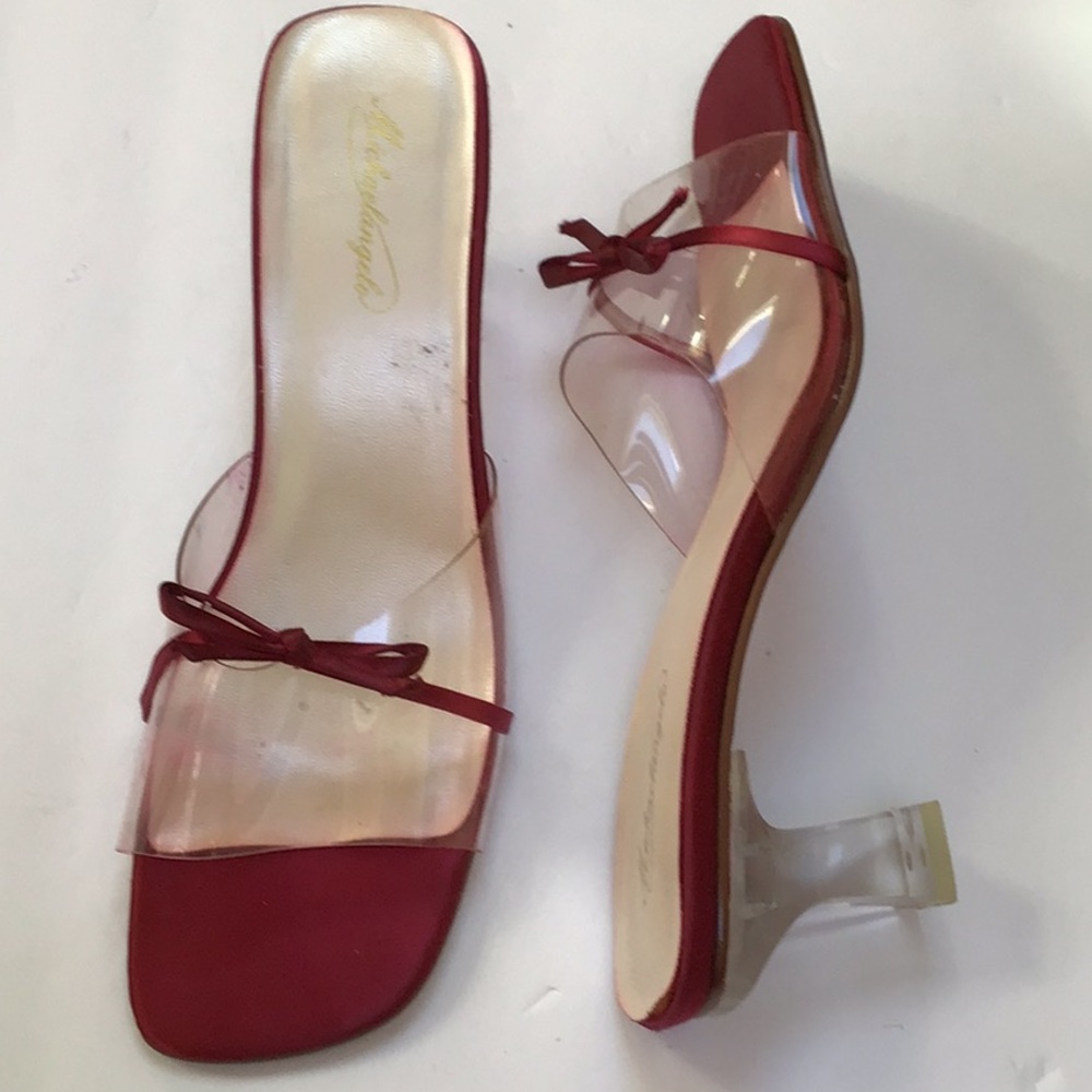 Vintage Michelangelo Square Toe Burgundy Red Bow Clear Acrylic Square Heel 10 M